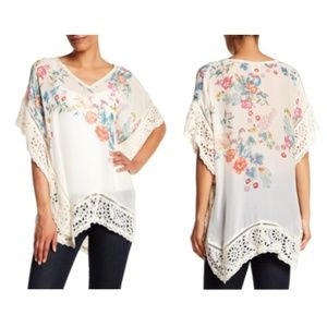 Johnny Was JW Floral Crochet Trim Boho Poncho